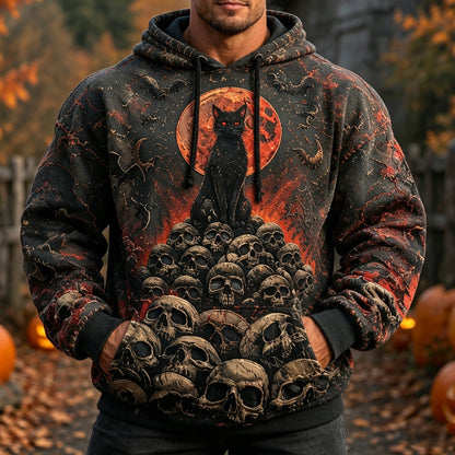 Men's Retro Halloween Style Blood Moon, Cat, And Skull Print Hoodie