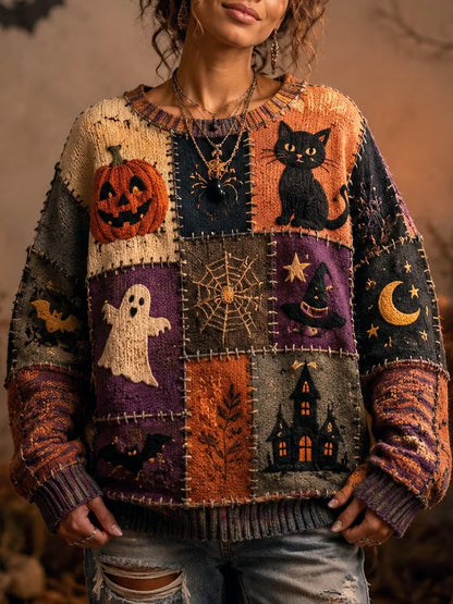 Women's Retro Halloween Style Cat, Ghost, And Pumpkin Patchwork Print Sweater