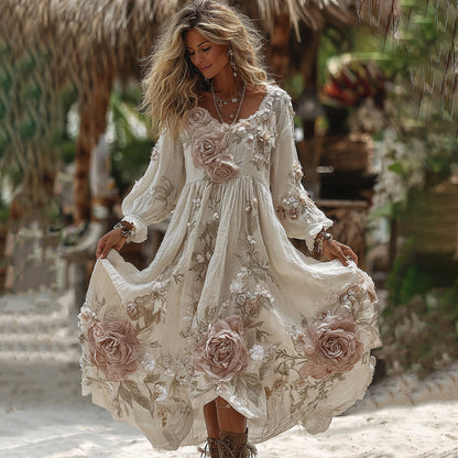 Women's Vintage Romantic White Rose Embroidery Art Comfy Linen Maxi Dress