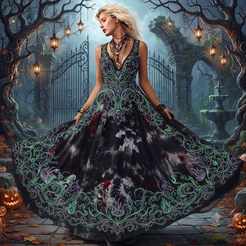 Women's Dark Witchy Glow-in-the-dark Mystic Pattern Sleeveless Maxi Dress