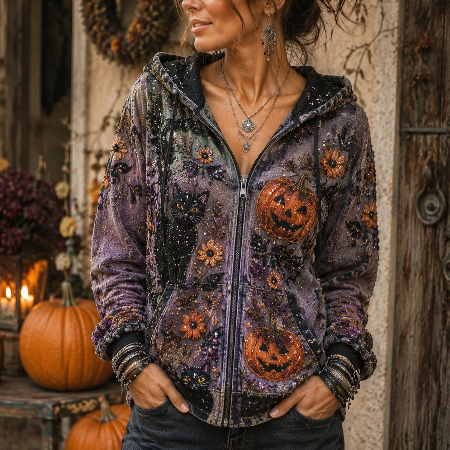 Women's Vintage Boho Black Cat Pumpkin Floral Embroidery Halloween Zip Up Hooded Jacket