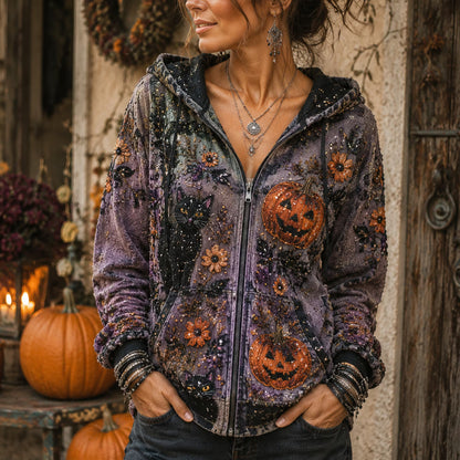 Women's Vintage Boho Black Cat Pumpkin Floral Embroidery Halloween Zip Up Hooded Jacket