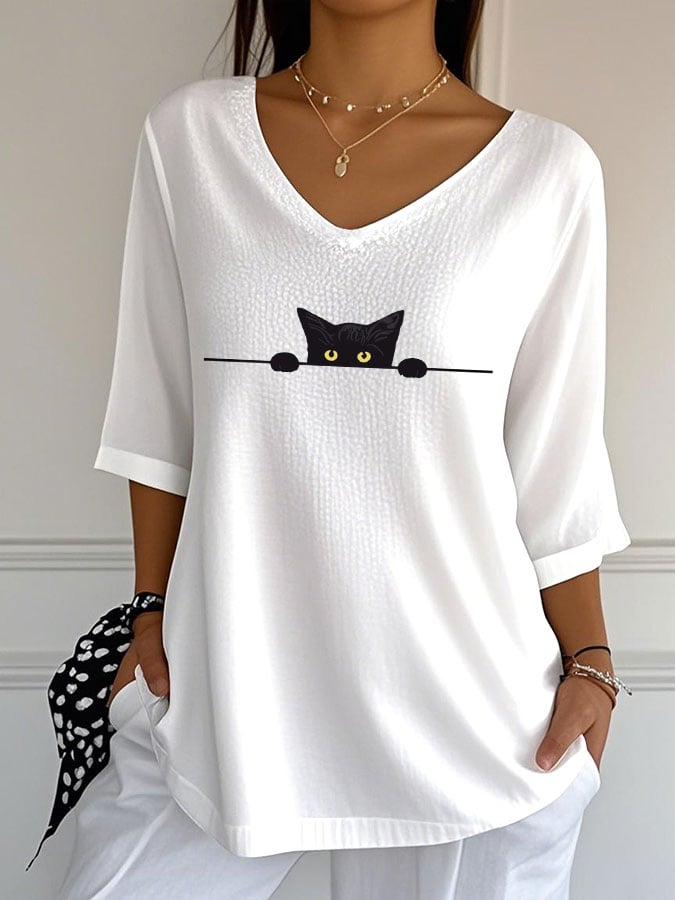 Women's Cute Cat Print Casual V-Neck T-Shirt