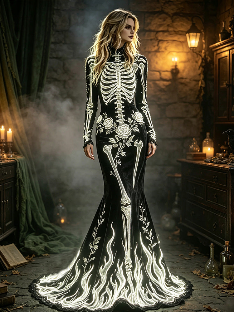 Women's Halloween Dark Gothic White Skull And Rose Art Elegant Velvet Round Neck Long Sleeve Dress