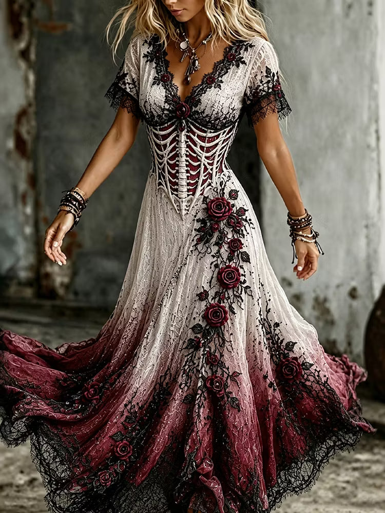 Women's Halloween Gothic Rose And Human Skeleton Art V-neck Short Sleeve Maxi Dress
