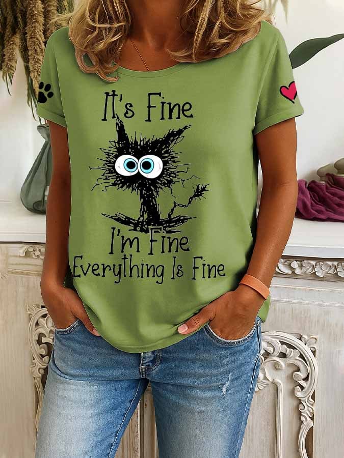 Women's Retro It'S Fine I'M Fine Everything Is Fine Cat Print T-Shirt