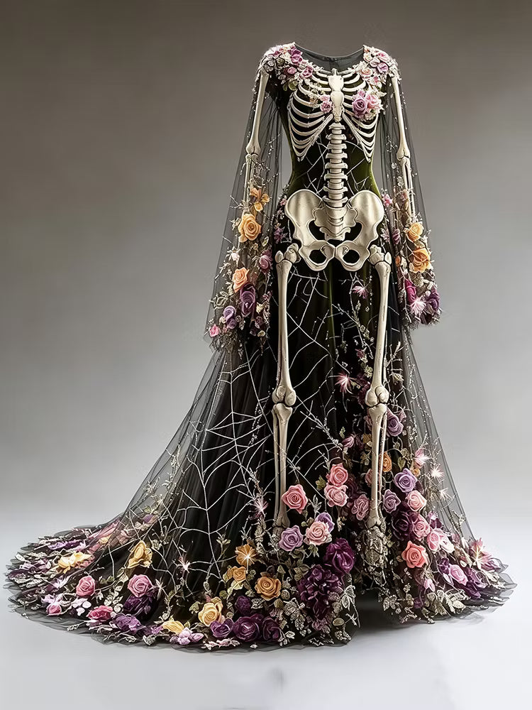 Women's Retro Gothic Skeleton And Floral Gradient Pattern Maxi Dress