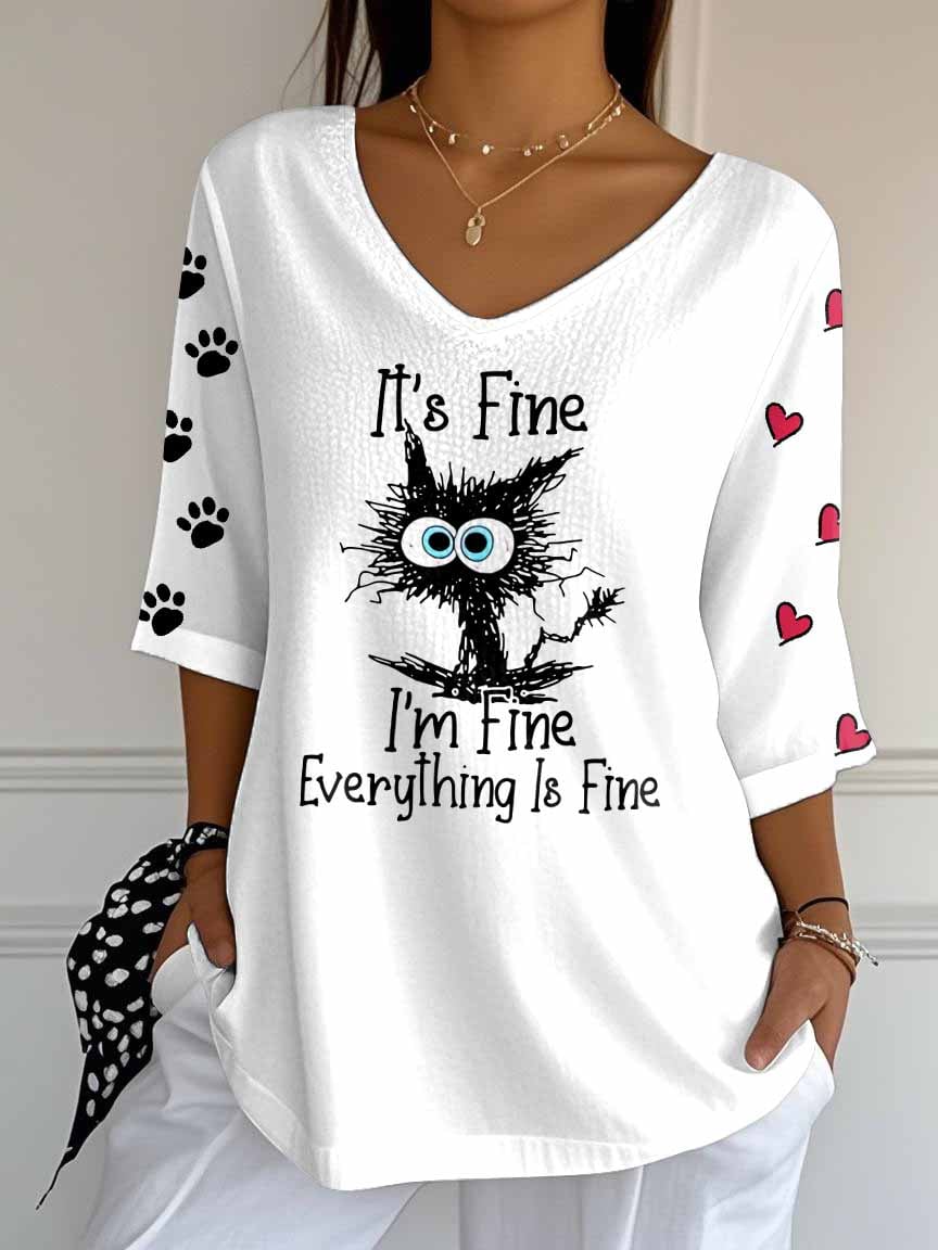 Women's Retro It'S Fine I'M Fine Everything Is Fine Cat Print Mid Sleeve T-Shirt