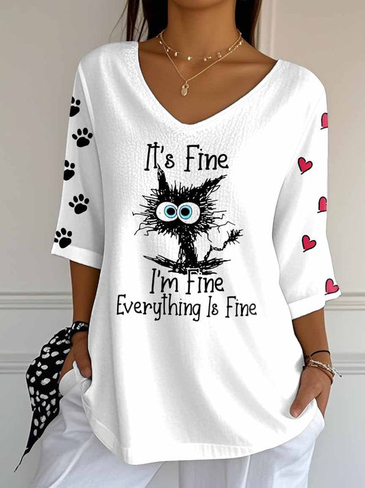 Women's Retro It'S Fine I'M Fine Everything Is Fine Cat Print Mid Sleeve T-Shirt