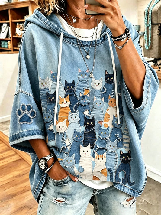 Women's Lovely Cat Patchwork Art Printing Casual Top