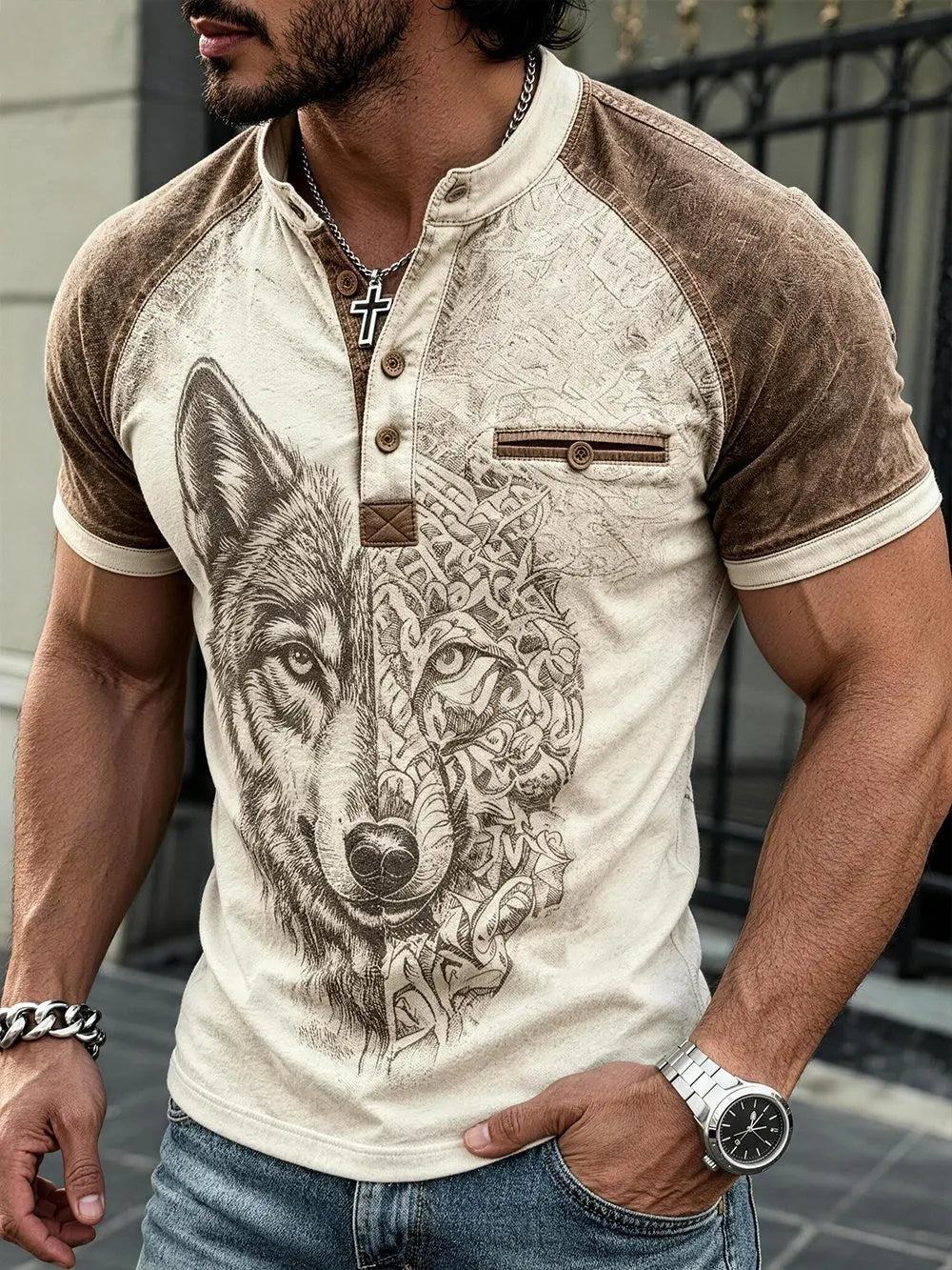 Men's Vintage-Style Celtic Pattern Casual Jacquard Knit Short-Sleeve T-Shirt