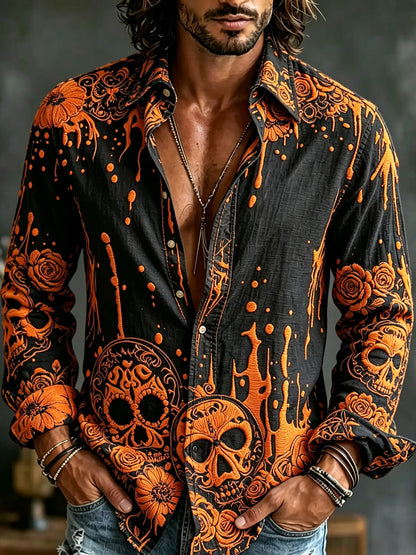 Men's Retro Halloween Skull Floral Art Casual Long-sleeve Shirt