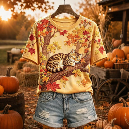 Women's Retro Cat Maple Leaf Vacation Round Neck Cotton Linen Top