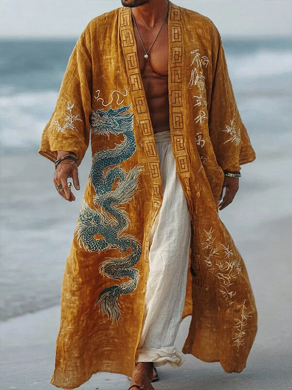Men's Retro Mythological Dragon Print Casual Long Kimono Cardigan