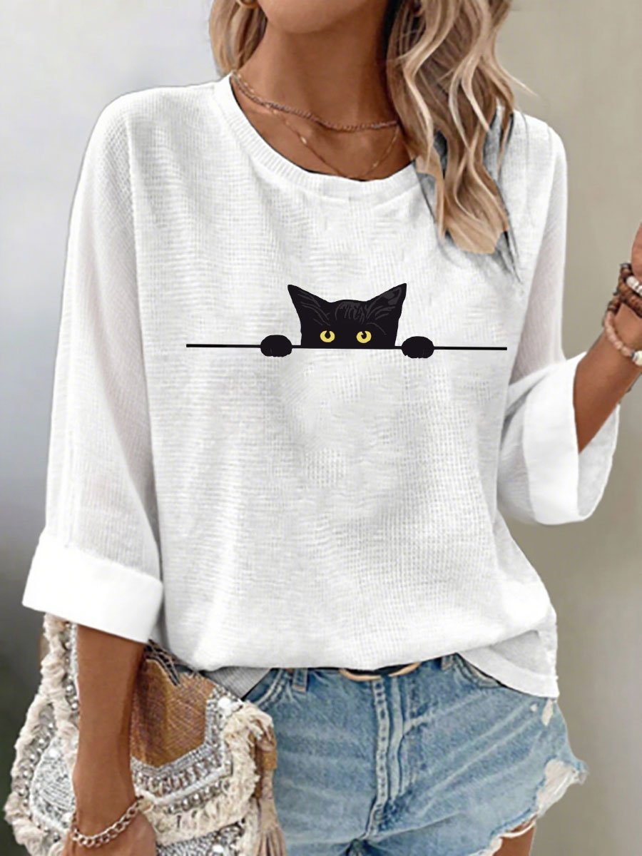 Women's Cat Print Waffle Long Sleeve T-Shirt