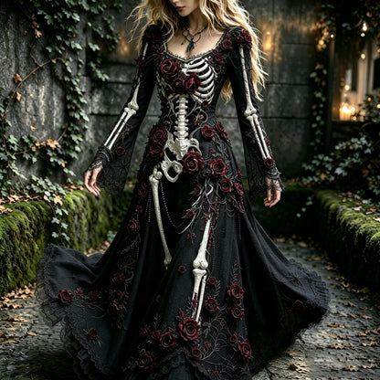 Women's Halloween Gothic Skeleton & Floral Long-sleeve Maxi Dress