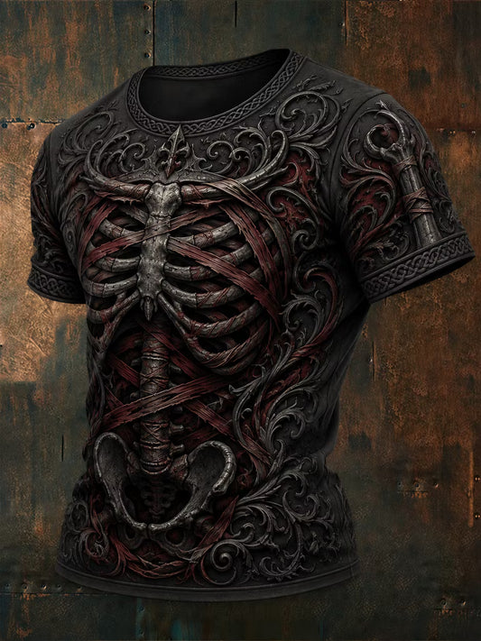 Men's Gothic Skeleton Floral Art Print Casual T-shirt