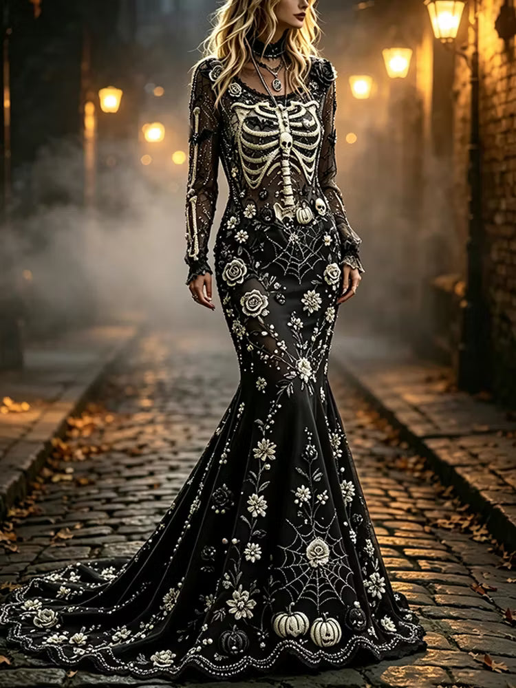 Women's Halloween Human Anatomy Art And Floral Art Velvet Vintage Dress
