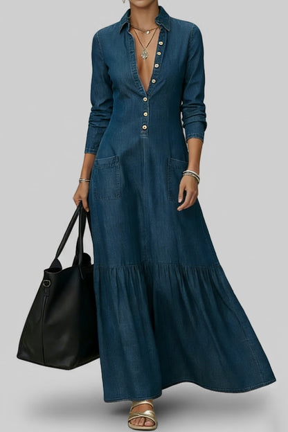 Women's Casual Shirt Collar Long Sleeve Pocket Single Breasted Denim Maxi Dress