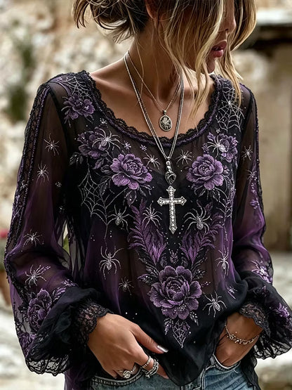 Women's Halloween Spider And Floral Art Lightweight Crewneck Long Sleeve Top
