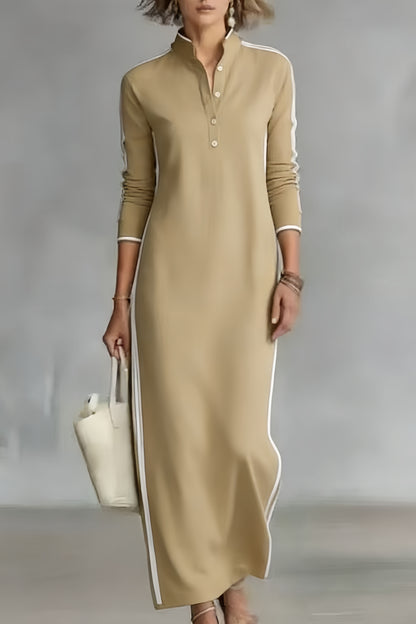 Women's Minimalist White-trimmed Button-down Collar Sweatshirt Dress Maxi Dress