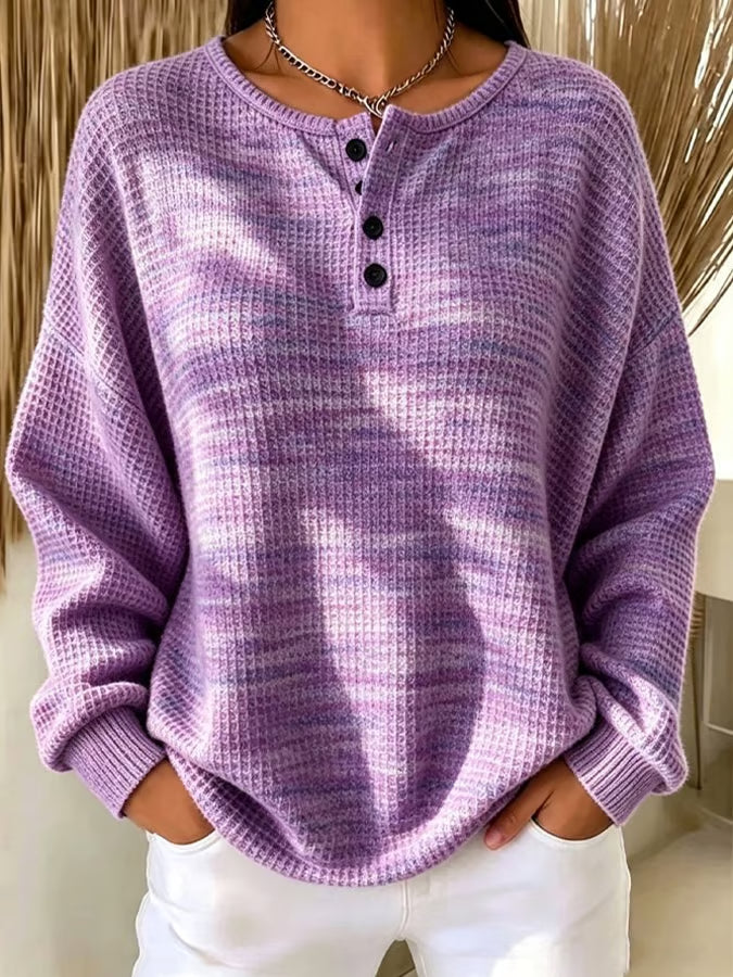 Women's Casual Printed Waffle-Knit Henley Sweatshirt