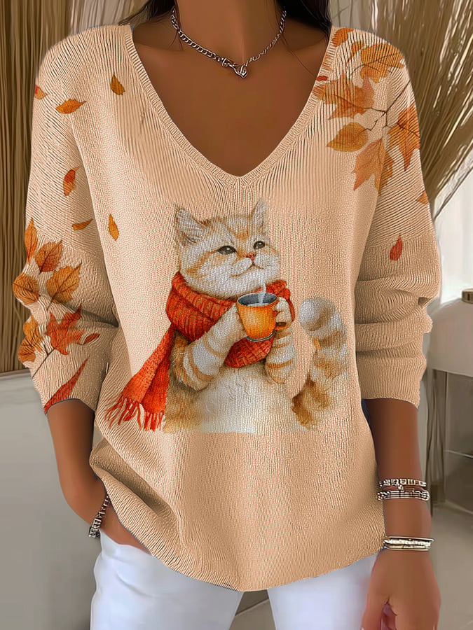 Women's Casual Autumn Animal Cat-Striped Long-Sleeved Top