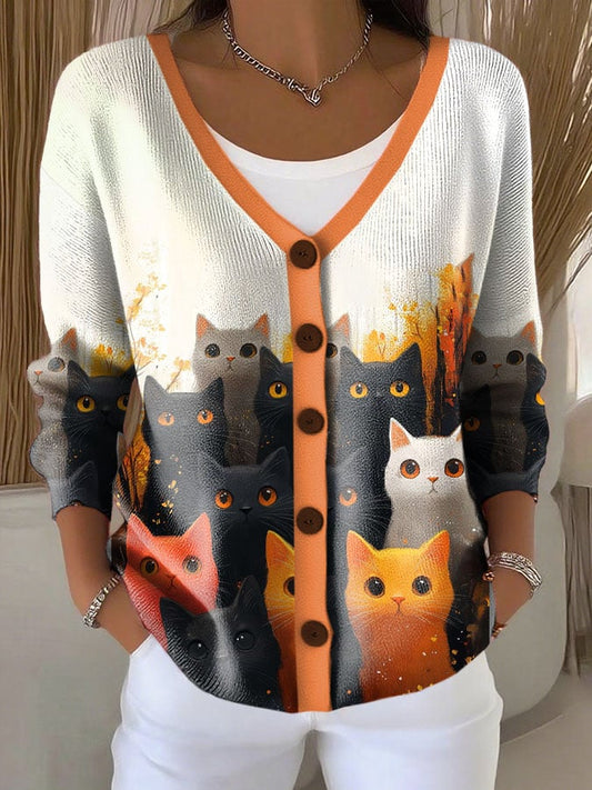 Women's Cute Cat Print Chunky Knit Cardigan