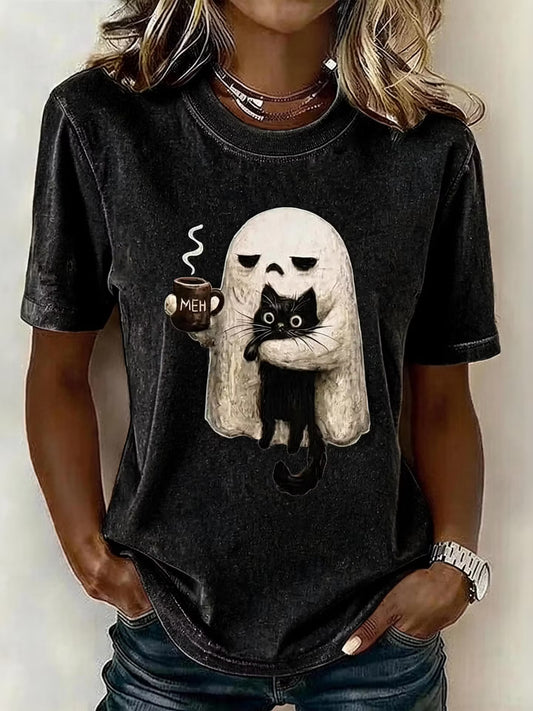 Women's Retro Halloween Ghost And Cat Pattern Crew Neck T-shirt