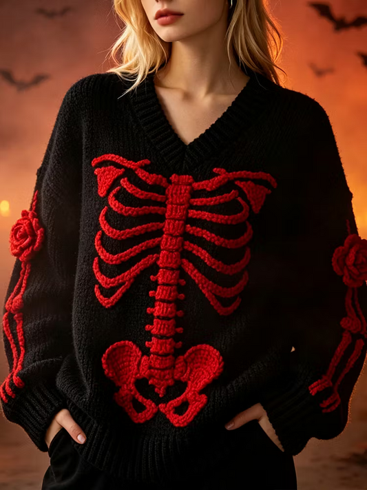 Women's Gothic V-neck Knit Sweater, Adorned With 3d Red Ribbed Skull And Rose Patterns.