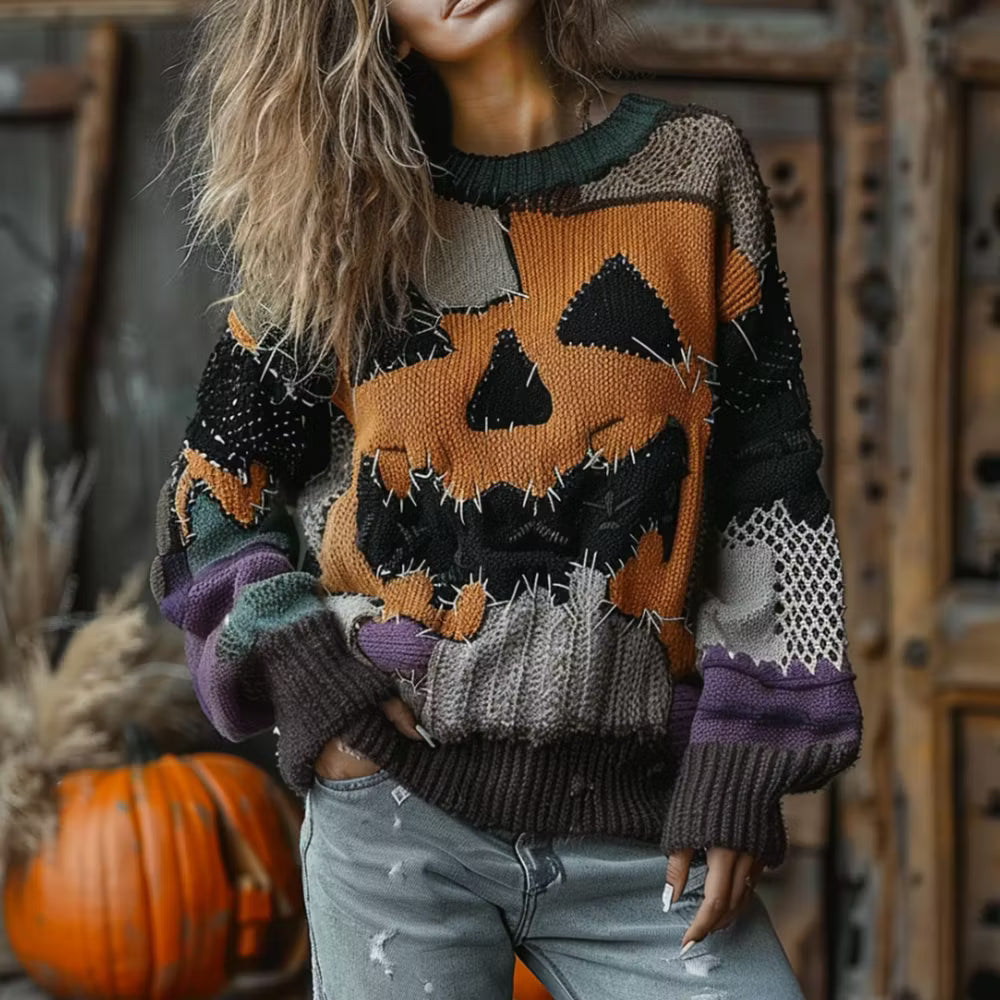Halloween Horror Face Patchwork Stitched Comfortable Casual Crewneck Sweater