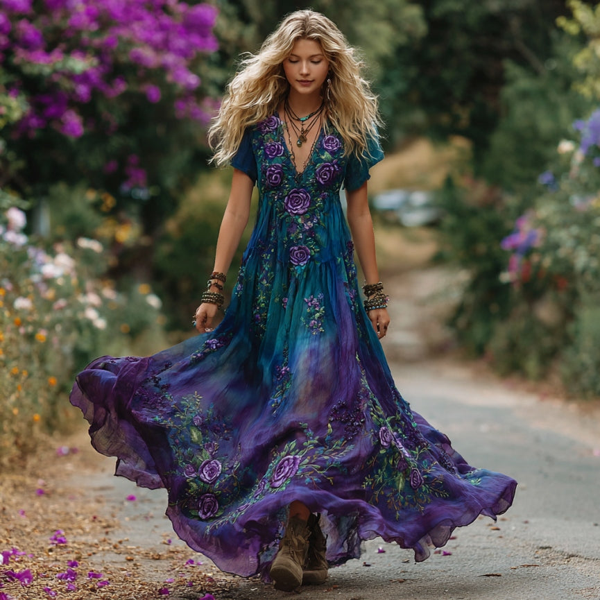 Women's Vintage Purple Roses Floral Embroidery Linen Short Sleeve Dress