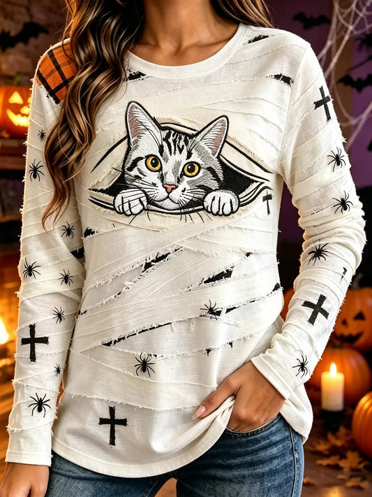 Women's Halloween Spider Strap Cross Cat Print Crew Neck Long Sleeve T-shirt