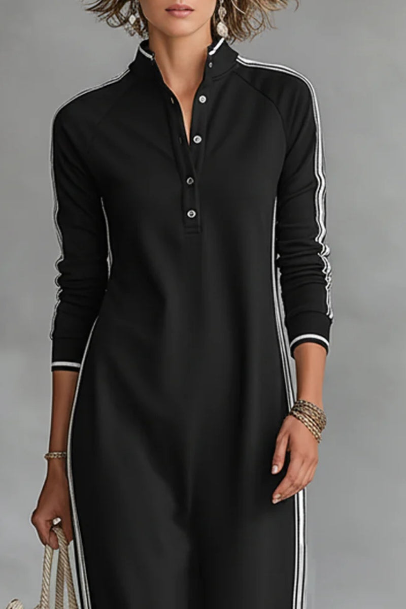 Women's Minimalist White-trimmed Button-down Collar Sweatshirt Dress Maxi Dress