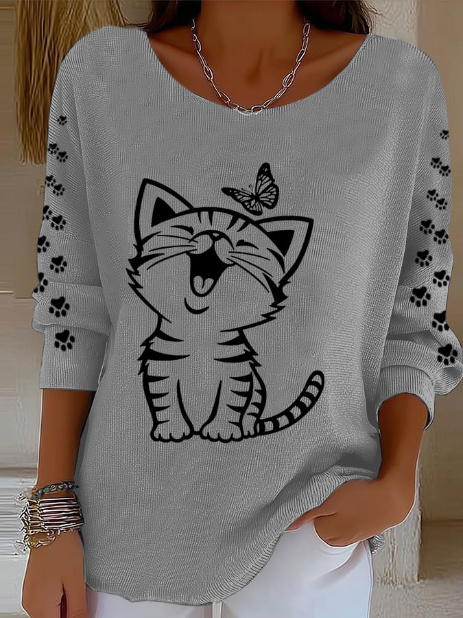 Women'S Cute Cat Print Casual Knitted Top