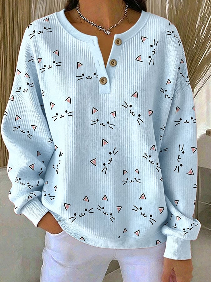 Women's Casual Cat Print Button-Up Collar Knit Top