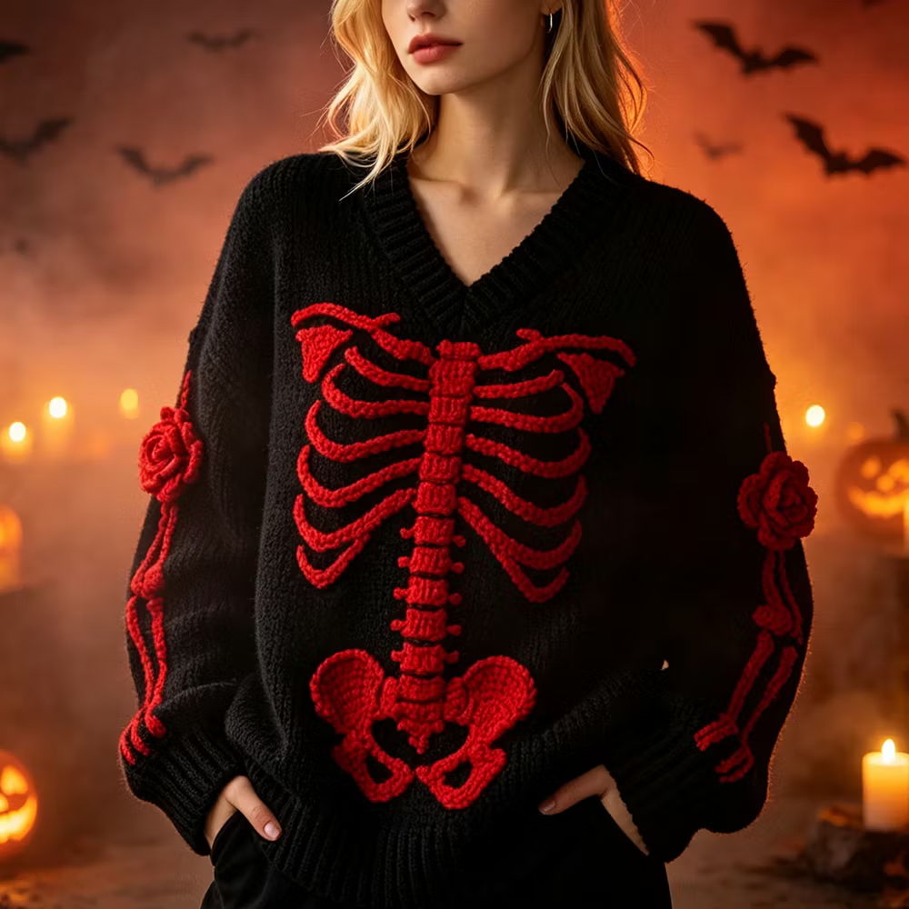 Women's Gothic V-neck Knit Sweater, Adorned With 3d Red Ribbed Skull And Rose Patterns.