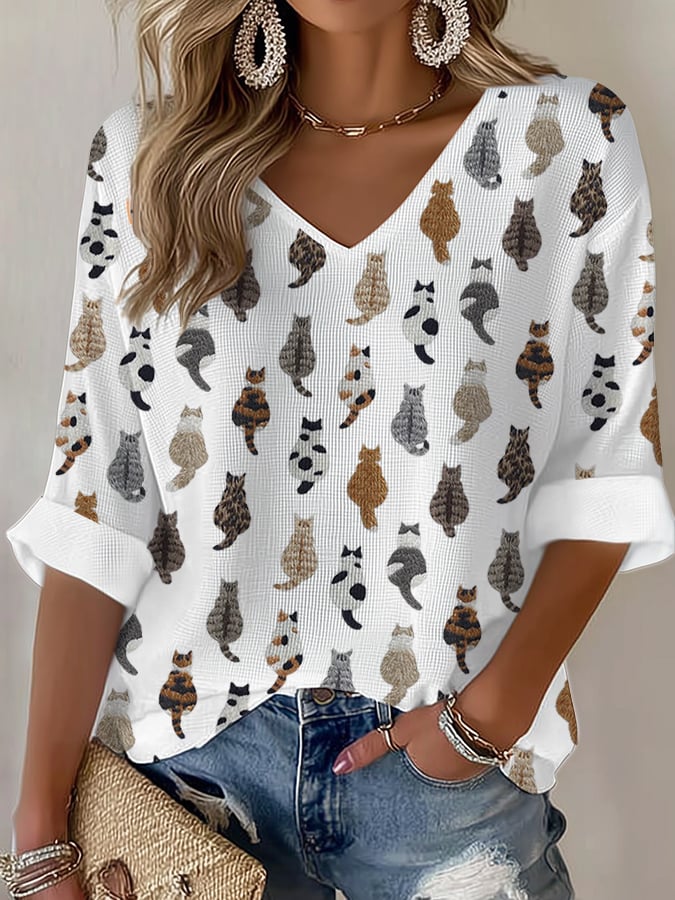 Women's Cute Cat Print Waffle T-shirt