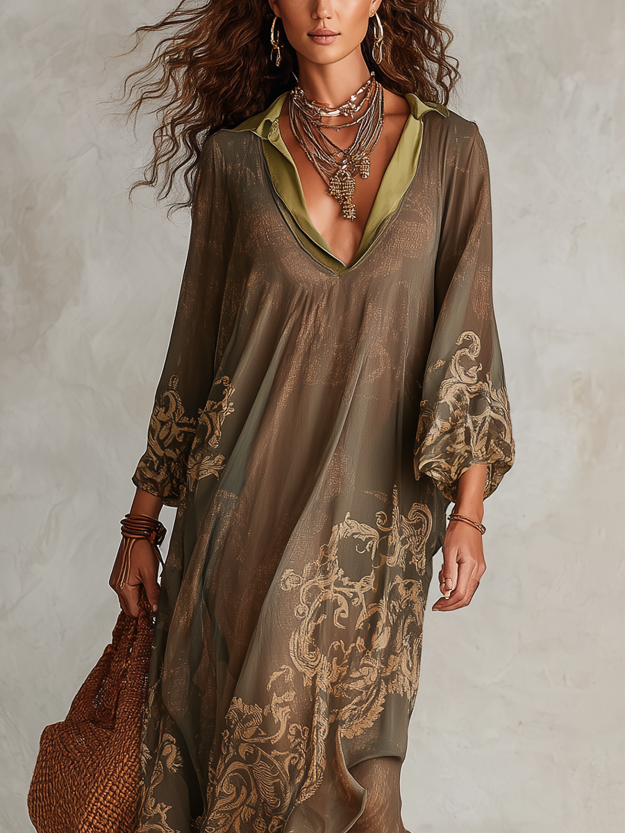 Sheer Bronze Boho Flow Midi Dress