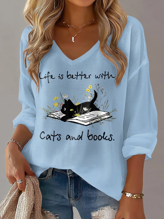 Women's 'life Is Better With Cats And Books' Cat Print Waffle Long-Sleeved T-Shirt