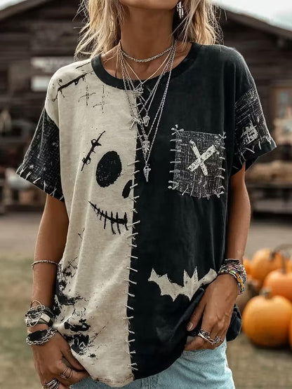 Women's Retro Halloween Scary Smiley Face Color Block Crew Neck T-shirt