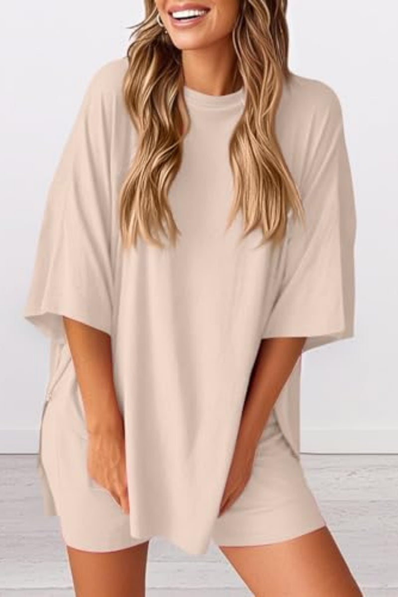 Women 2 Piece Outfits Crew Neck Oversized Tshirts and Biker Shorts with Pocket Matching Lounge Sets