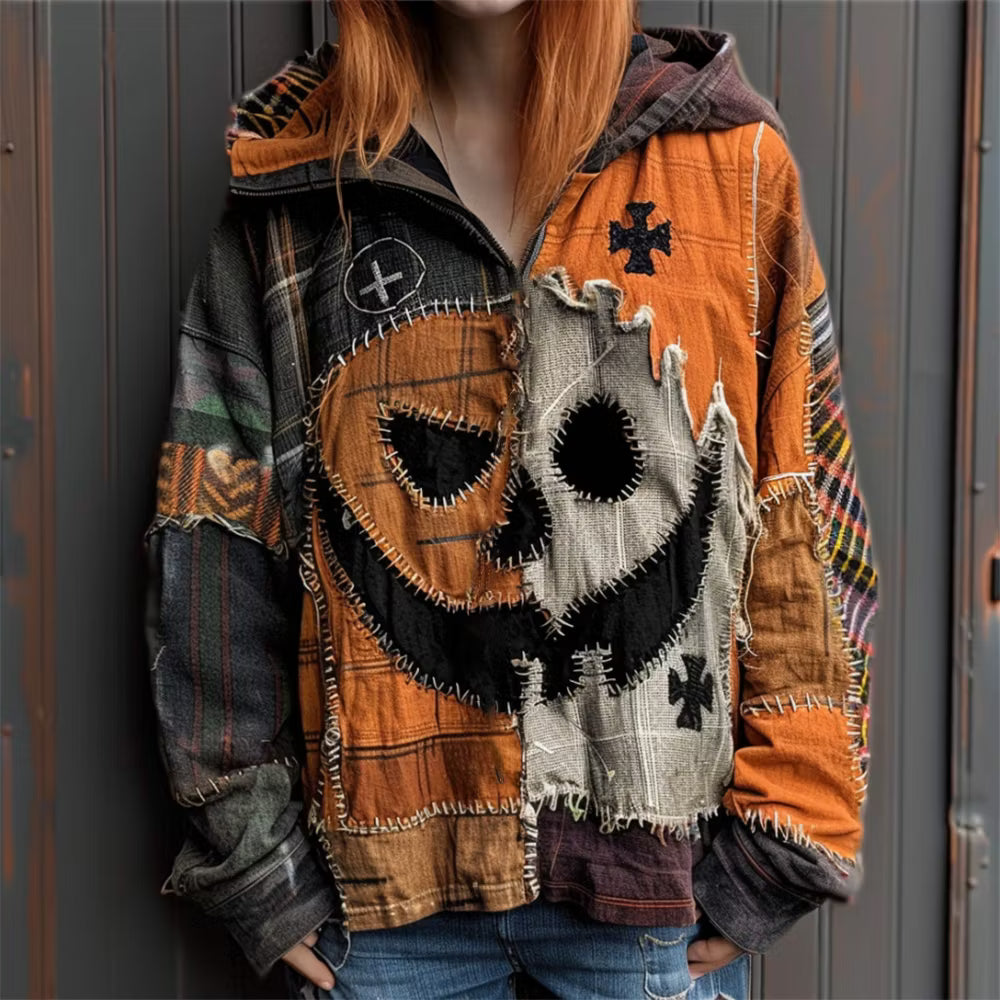 Halloween Horror Face Patchwork Stitched Comfortable Cotton Linen Casual Hoodie