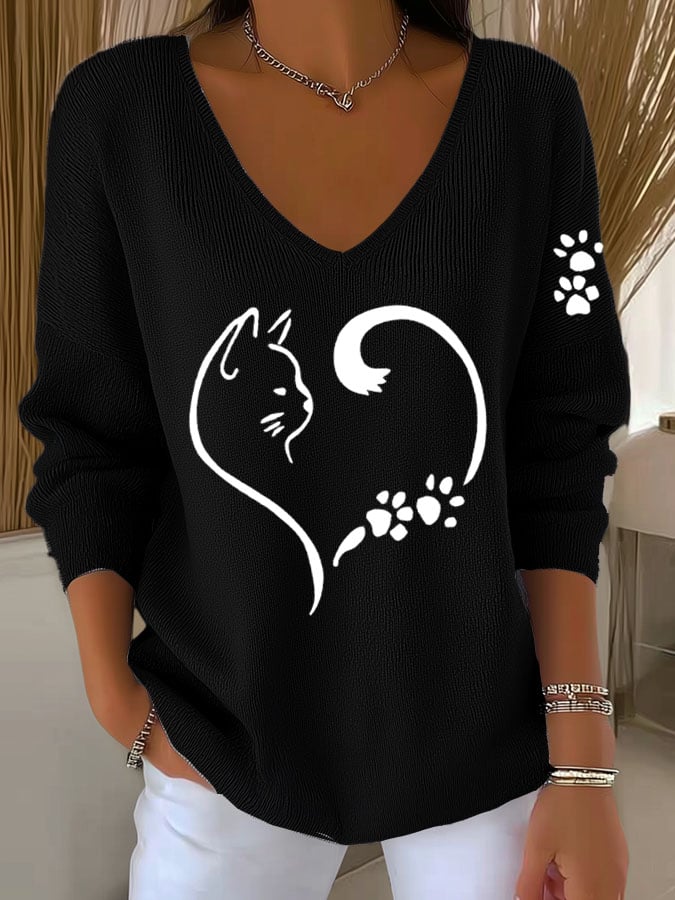 Women's Casual Cat Paw & Heart Print T-Shirt