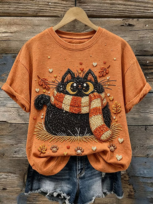 Women's Autumn Cat Art Print Crew Neck Short Sleeve Casual T-shirt