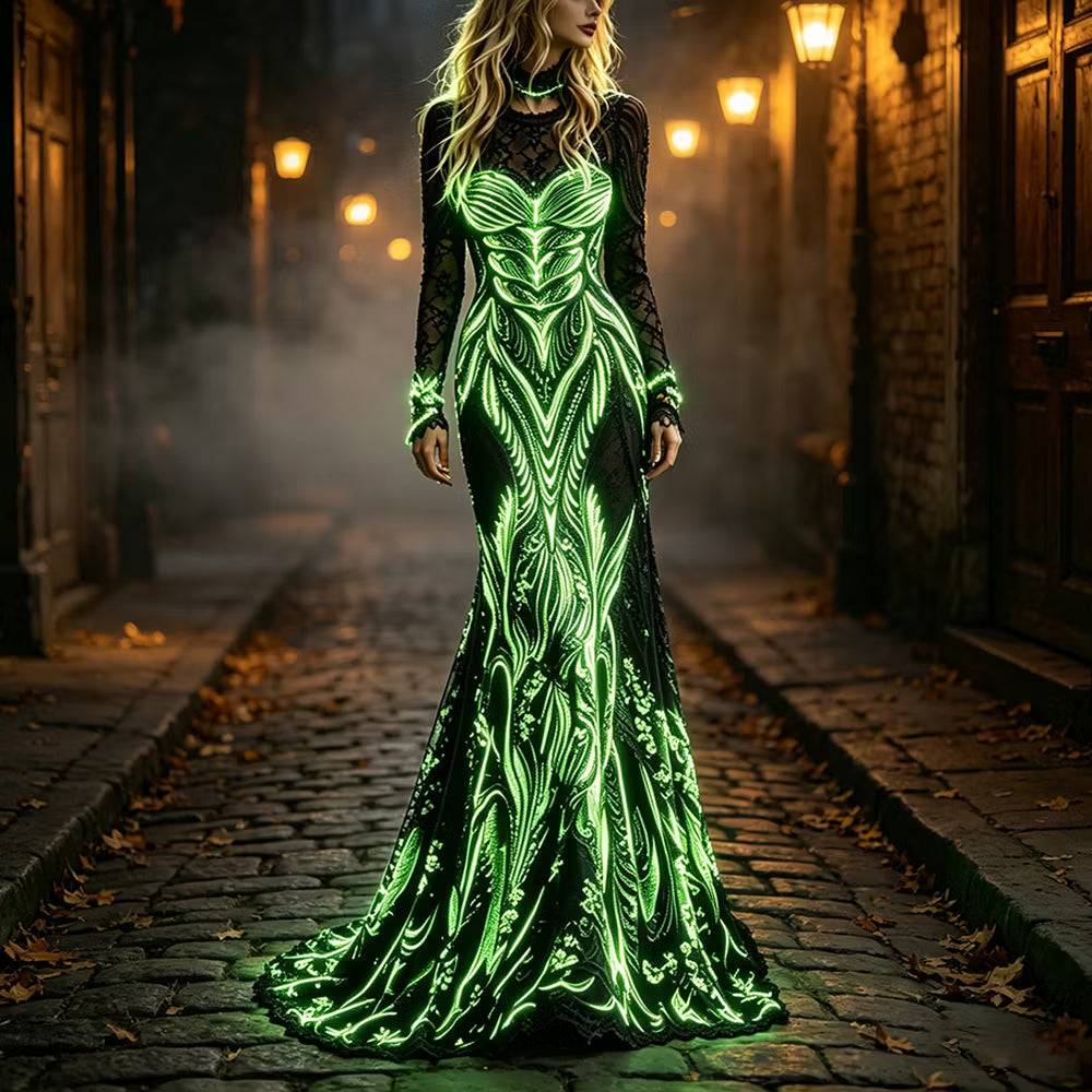 Women's Halloween Fluorescent Art Classic Velvet Round Neck Long Dress