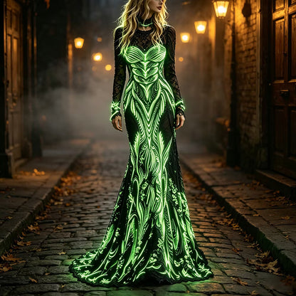 Women's Halloween Fluorescent Art Classic Velvet Round Neck Long Dress