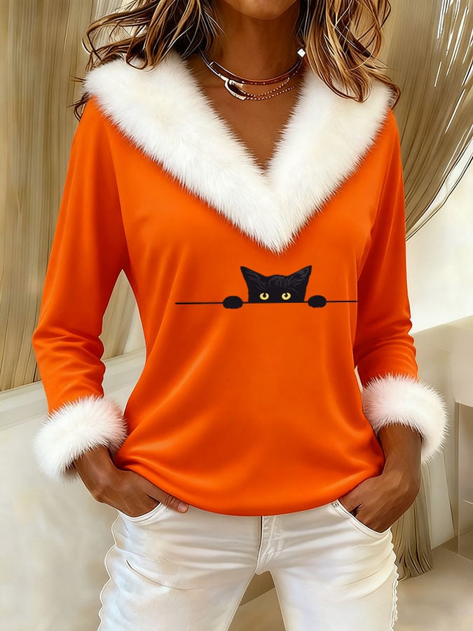 Women's Casual Cat Print Fur Collar Top