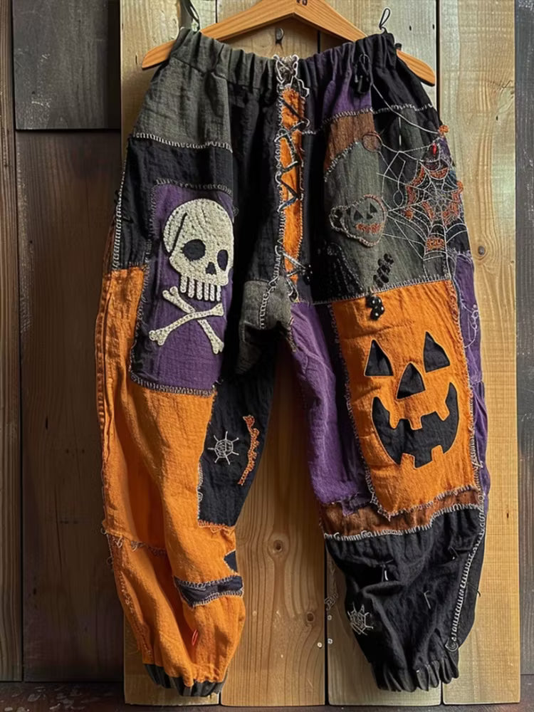 Halloween Horror Face And Skull Patchwork Stitched Comfortable Casual Sweatpants