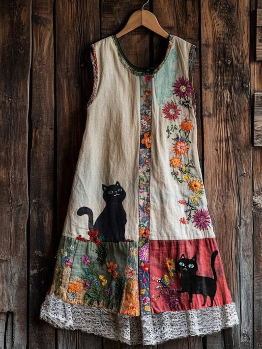 Women's Cute Cat In The Garden Sleeveless Round Neck Dress
